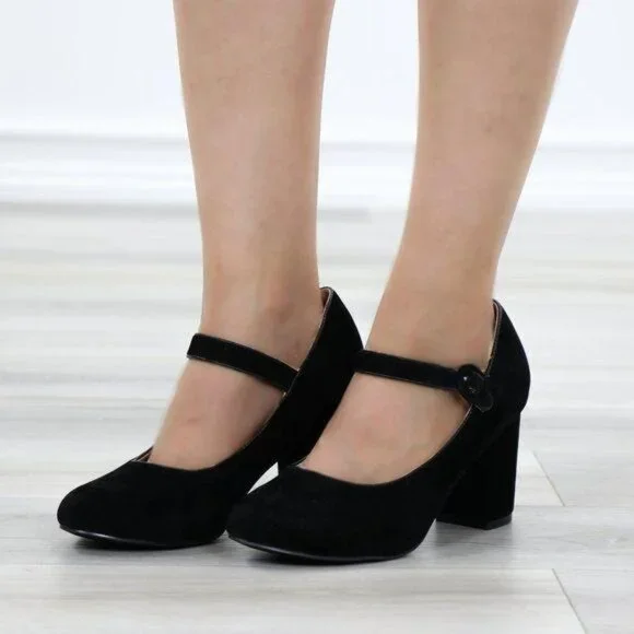 Black Mary Jane Shoes Faux Suede Buckle Strap Chunky Block Heel - Picture 1 of 13